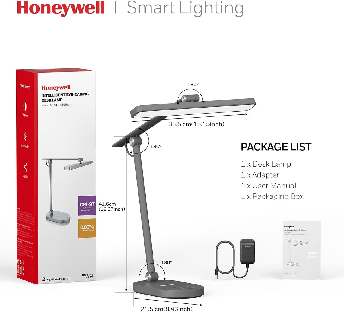 Honeywell HWT-H4 LED Desk Lamp, Eye-Caring, Dimmable, Auto Sensor