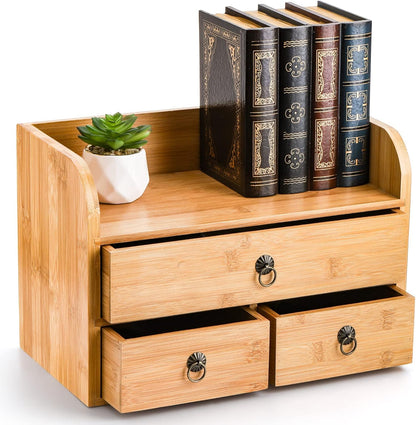 Bamboo Desk Organizer, 3-Tier Bamboo Tabletop Storage Organization Multifunctional Desktop Organizer with Drawers for Home Office Toiletries Supplies Vanity