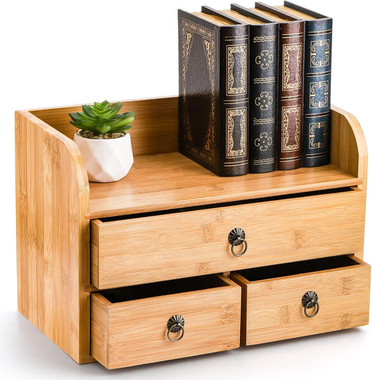 Bamboo Desk Organizer, 3-Tier Bamboo Tabletop Storage Organization Multifunctional Desktop Organizer with Drawers for Home Office Toiletries Supplies Vanity