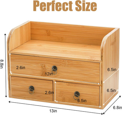 Bamboo Desk Organizer, 3-Tier Bamboo Tabletop Storage Organization Multifunctional Desktop Organizer with Drawers for Home Office Toiletries Supplies Vanity