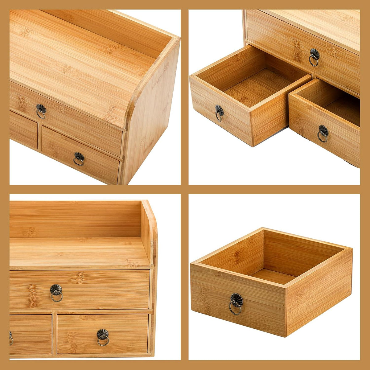 Bamboo Desk Organizer, 3-Tier Bamboo Tabletop Storage Organization Multifunctional Desktop Organizer with Drawers for Home Office Toiletries Supplies Vanity