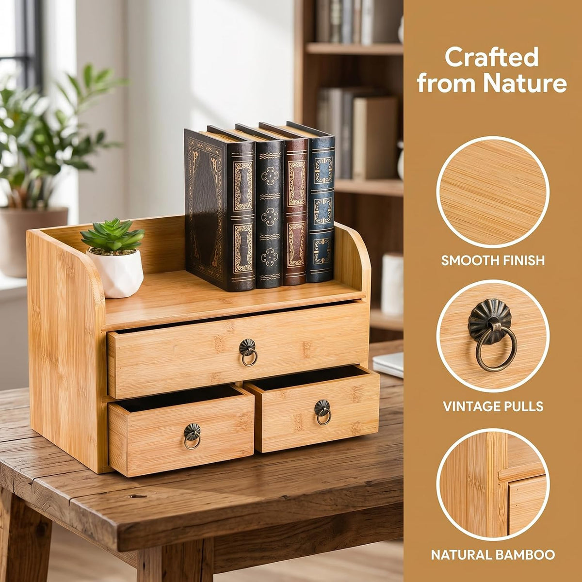 Bamboo Desk Organizer, 3-Tier Bamboo Tabletop Storage Organization Multifunctional Desktop Organizer with Drawers for Home Office Toiletries Supplies Vanity