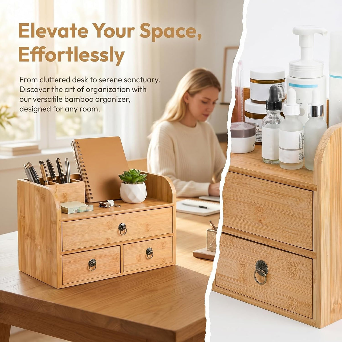 Bamboo Desk Organizer, 3-Tier Bamboo Tabletop Storage Organization Multifunctional Desktop Organizer with Drawers for Home Office Toiletries Supplies Vanity