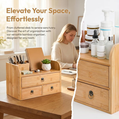 Bamboo Desk Organizer, 3-Tier Bamboo Tabletop Storage Organization Multifunctional Desktop Organizer with Drawers for Home Office Toiletries Supplies Vanity