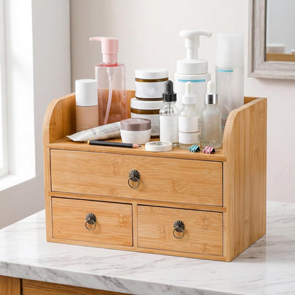 Bamboo Desk Organizer, 3-Tier Bamboo Tabletop Storage Organization Multifunctional Desktop Organizer with Drawers for Home Office Toiletries Supplies Vanity
