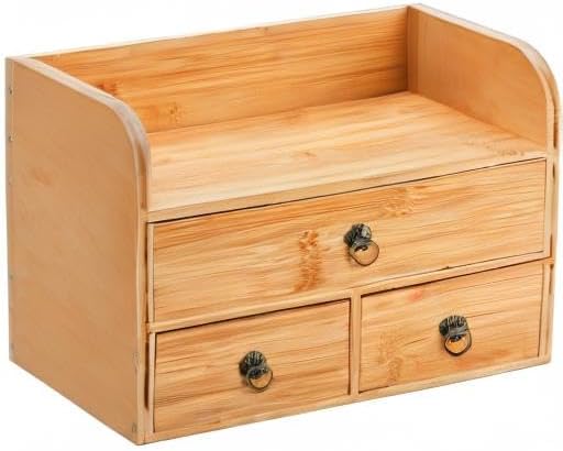 Bamboo Desk Organizer, 3-Tier Bamboo Tabletop Storage Organization Multifunctional Desktop Organizer with Drawers for Home Office Toiletries Supplies Vanity