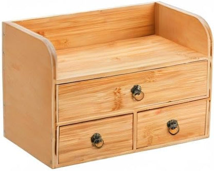 Bamboo Desk Organizer, 3-Tier Bamboo Tabletop Storage Organization Multifunctional Desktop Organizer with Drawers for Home Office Toiletries Supplies Vanity