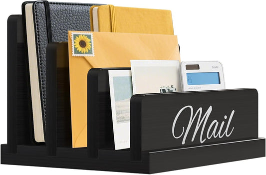 Mail Organizer for Desk, Wooden Mail Holder with Divider, 3-Slot