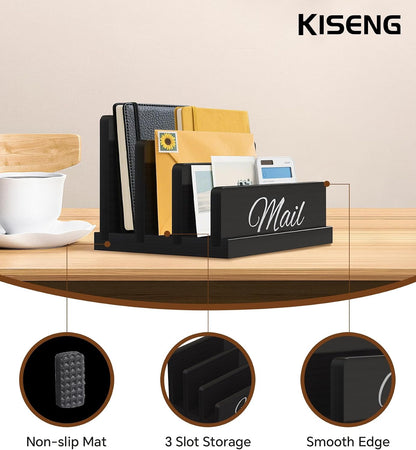 Mail Organizer for Desk, Wooden Mail Holder with Divider, 3-Slot