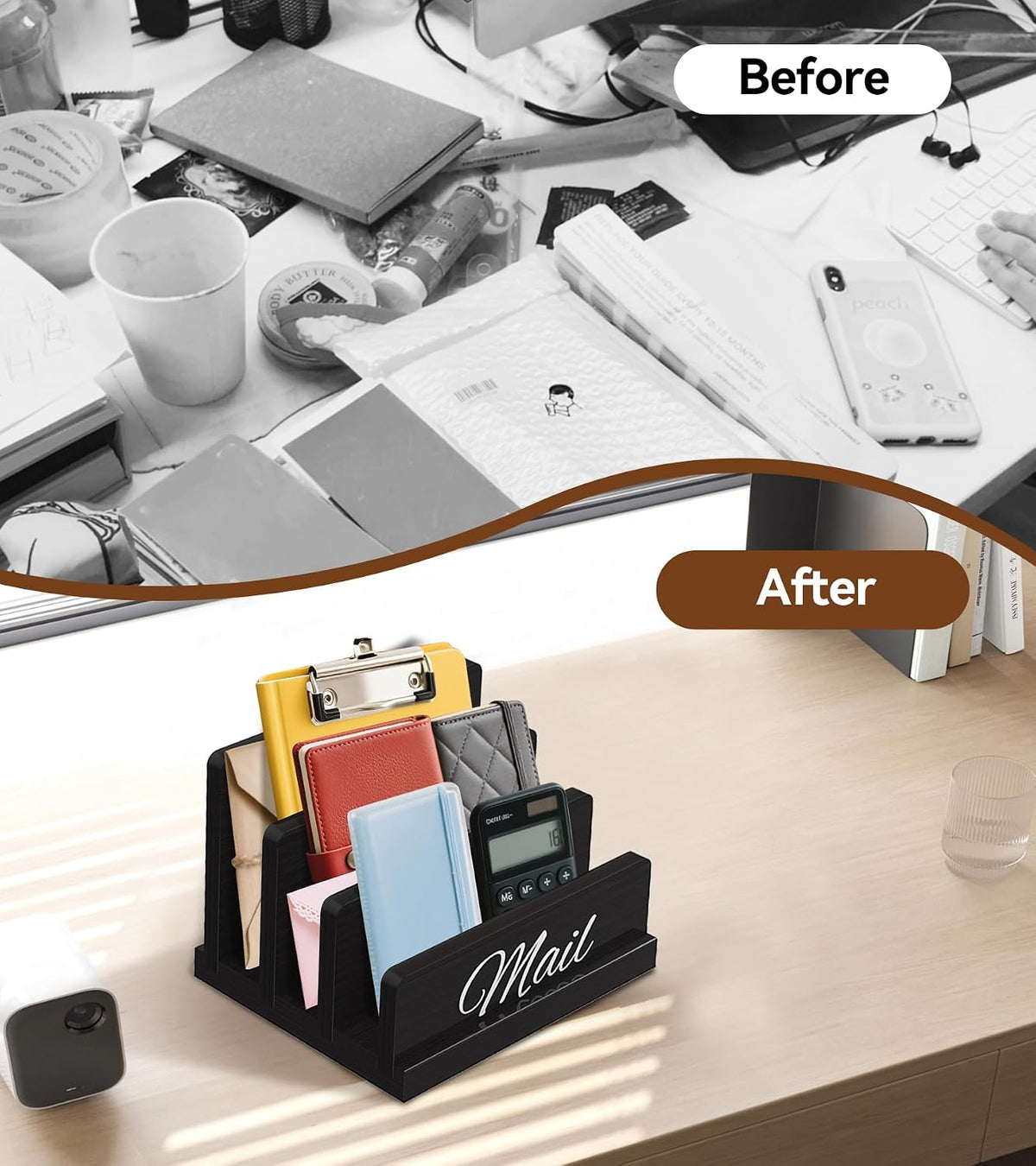 Mail Organizer for Desk, Wooden Mail Holder with Divider, 3-Slot