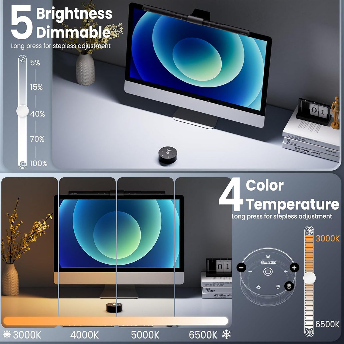 Monitor Light Bar with Remote Control, Fit for Curved/Flat Monitor, Eye-Care USB Computer Lamp Dimmable Screen Light Bar with Auto-Dimming, No Glare Home Office Gaming Desk Lamp