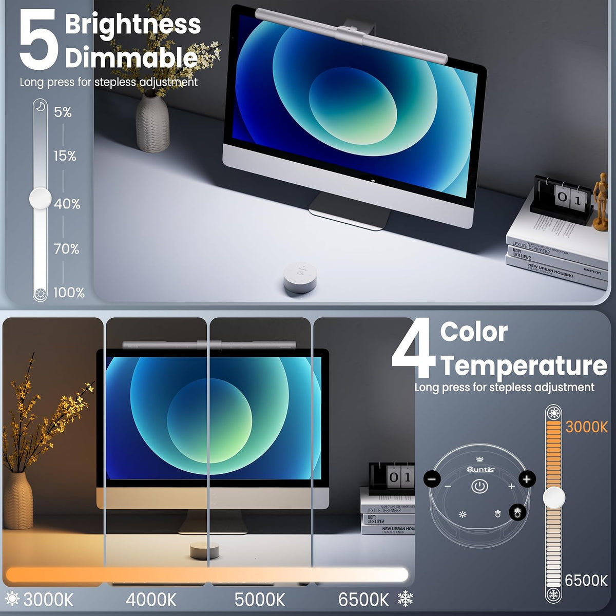 Monitor Light Bar with Remote Control, Fit for Curved/Flat Monitor, Eye-Care USB Computer Lamp Dimmable Screen Light Bar with Auto-Dimming, No Glare Home Office Gaming Desk Lamp