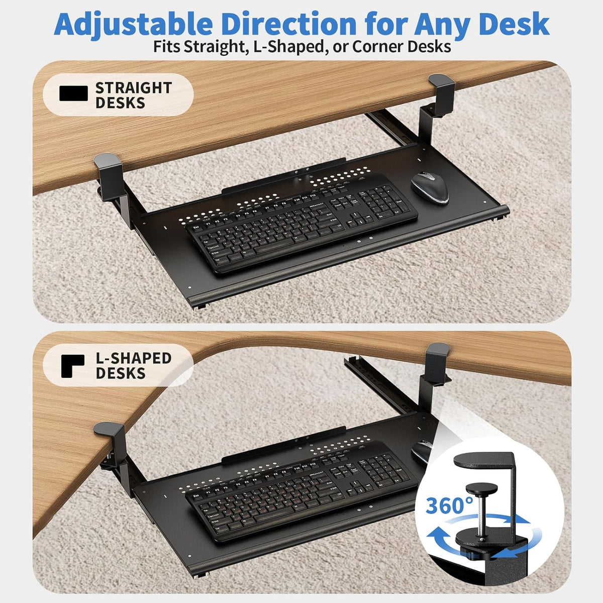 Keyboard Tray Under Desk - Full Metal Slide Out Holder, Rust-Resistant & Scratch-Proof, Double C-Clamps, 26x13" Tray for L Shape/Regular Desks, Standing/Sitting Workstation(Black-B)