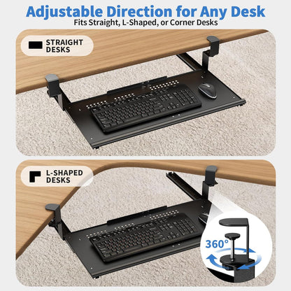 Keyboard Tray Under Desk - Full Metal Slide Out Holder, Rust-Resistant & Scratch-Proof, Double C-Clamps, 26x13" Tray for L Shape/Regular Desks, Standing/Sitting Workstation(Black-B)