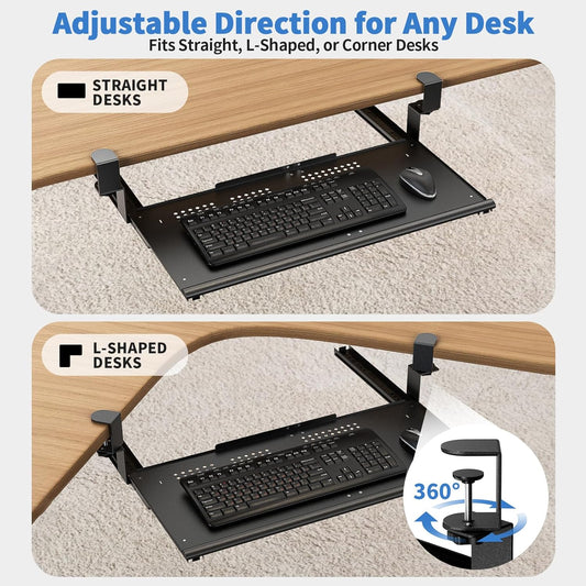 Keyboard Tray Under Desk - Full Metal Slide Out Holder, Rust-Resistant & Scratch-Proof, Double C-Clamps, 26x13" Tray for L Shape/Regular Desks, Standing/Sitting Workstation(Black-B)