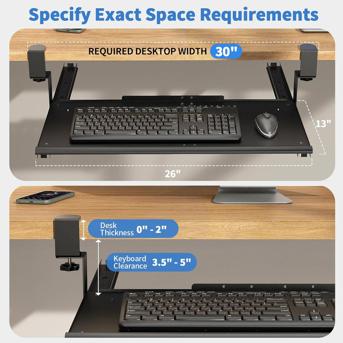 Keyboard Tray Under Desk - Full Metal Slide Out Holder, Rust-Resistant & Scratch-Proof, Double C-Clamps, 26x13" Tray for L Shape/Regular Desks, Standing/Sitting Workstation(Black-B)