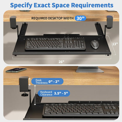 Keyboard Tray Under Desk - Full Metal Slide Out Holder, Rust-Resistant & Scratch-Proof, Double C-Clamps, 26x13" Tray for L Shape/Regular Desks, Standing/Sitting Workstation(Black-B)