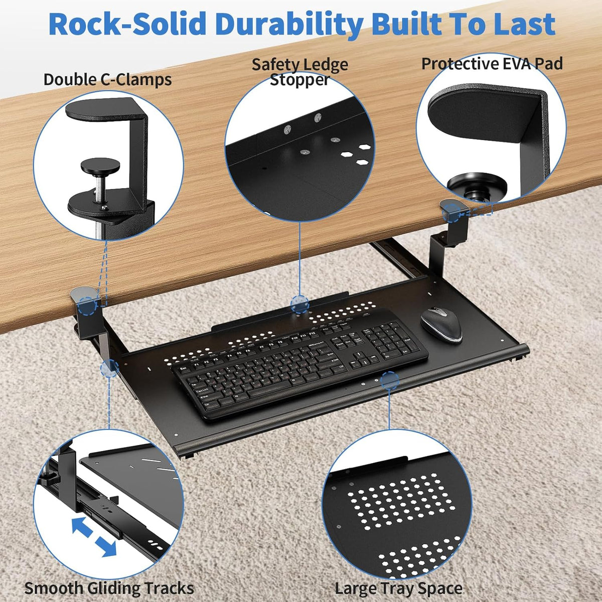 Keyboard Tray Under Desk - Full Metal Slide Out Holder, Rust-Resistant & Scratch-Proof, Double C-Clamps, 26x13" Tray for L Shape/Regular Desks, Standing/Sitting Workstation(Black-B)