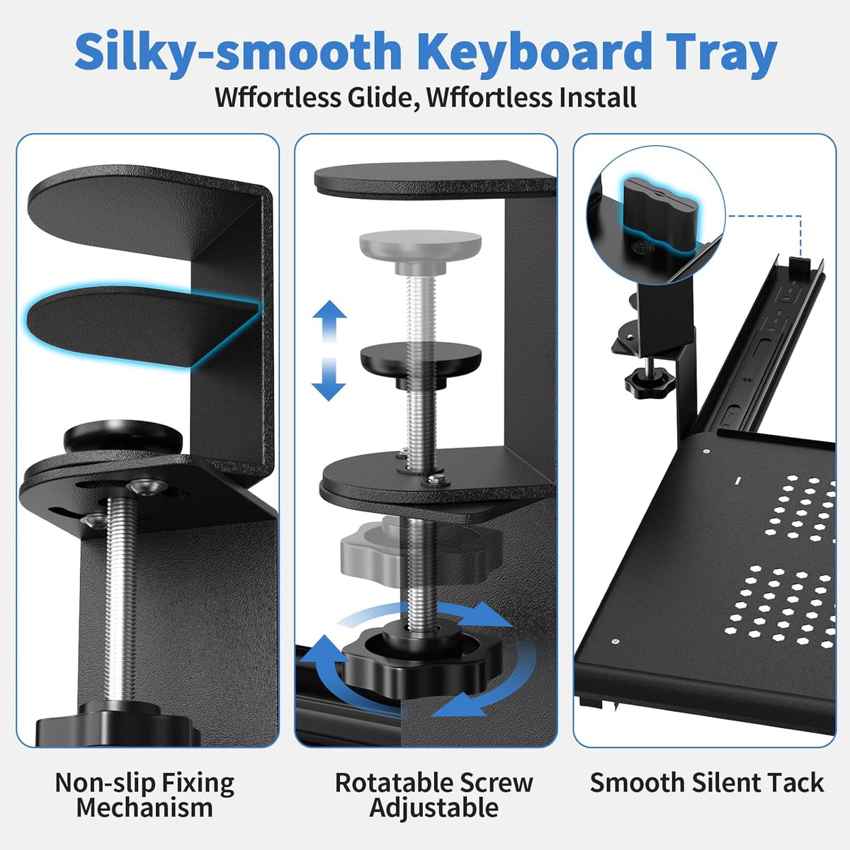 Keyboard Tray Under Desk - Full Metal Slide Out Holder, Rust-Resistant & Scratch-Proof, Double C-Clamps, 26x13" Tray for L Shape/Regular Desks, Standing/Sitting Workstation(Black-B)