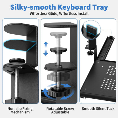 Keyboard Tray Under Desk - Full Metal Slide Out Holder, Rust-Resistant & Scratch-Proof, Double C-Clamps, 26x13" Tray for L Shape/Regular Desks, Standing/Sitting Workstation(Black-B)