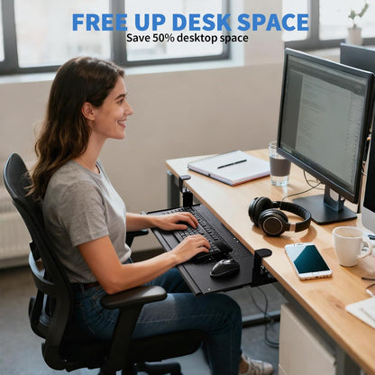 Keyboard Tray Under Desk - Full Metal Slide Out Holder, Rust-Resistant & Scratch-Proof, Double C-Clamps, 26x13" Tray for L Shape/Regular Desks, Standing/Sitting Workstation(Black-B)