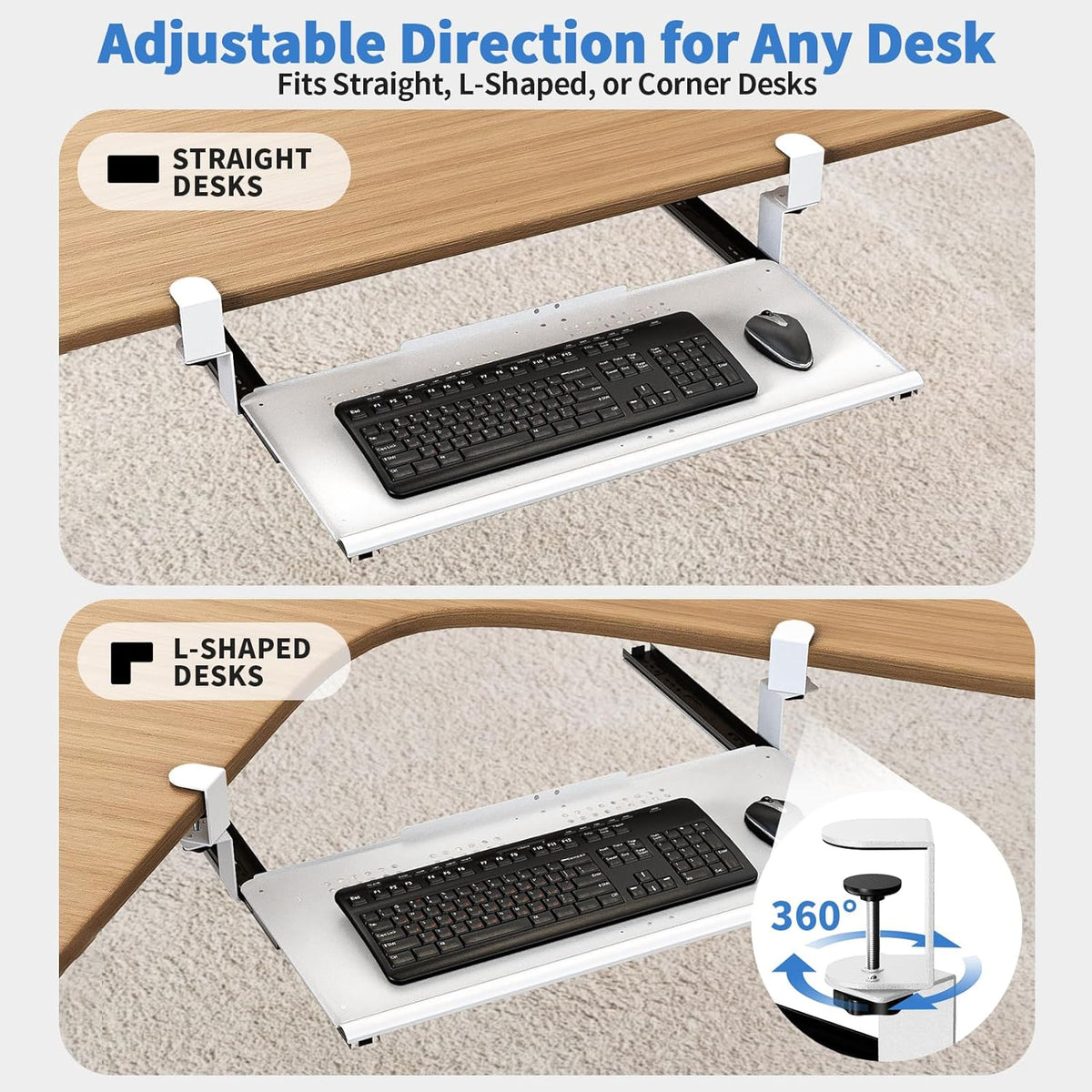 Keyboard Tray Under Desk - Full Metal Slide Out Holder, Rust-Resistant & Scratch-Proof, Double C-Clamps, 26x13" Tray for L Shape/Regular Desks, Standing/Sitting Workstation(Black-B)