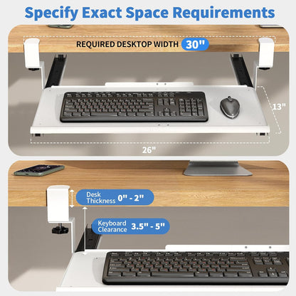 Keyboard Tray Under Desk - Full Metal Slide Out Holder, Rust-Resistant & Scratch-Proof, Double C-Clamps, 26x13" Tray for L Shape/Regular Desks, Standing/Sitting Workstation(Black-B)