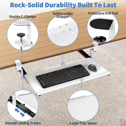 Keyboard Tray Under Desk - Full Metal Slide Out Holder, Rust-Resistant & Scratch-Proof, Double C-Clamps, 26x13" Tray for L Shape/Regular Desks, Standing/Sitting Workstation(Black-B)