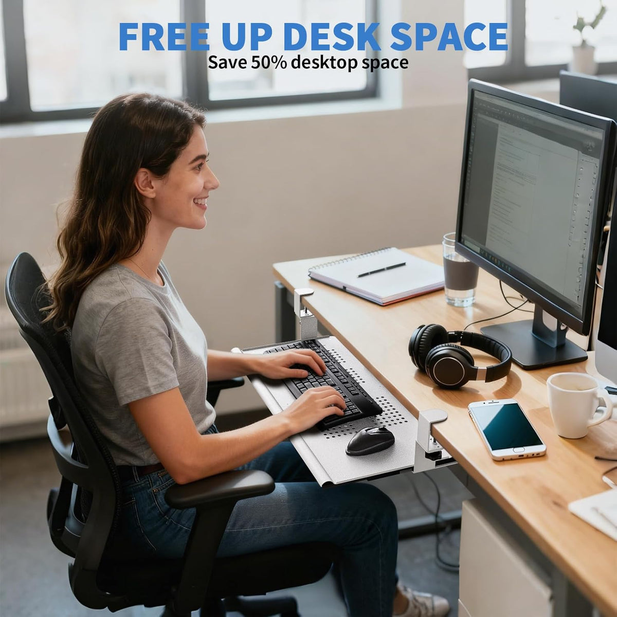 Keyboard Tray Under Desk - Full Metal Slide Out Holder, Rust-Resistant & Scratch-Proof, Double C-Clamps, 26x13" Tray for L Shape/Regular Desks, Standing/Sitting Workstation(Black-B)