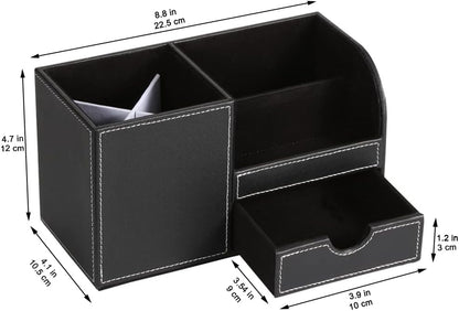 KINGFOM Desk Organizer Office Supplies Caddy Pu Leather Multi-function Storage Box Pen/Pencil,Cell phone, Business Name Cards Remote Control Holder with Small Drawer Black