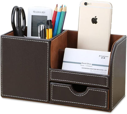KINGFOM Desk Organizer Office Supplies Caddy Pu Leather Multi-function Storage Box Pen/Pencil,Cell phone, Business Name Cards Remote Control Holder with Small Drawer Black