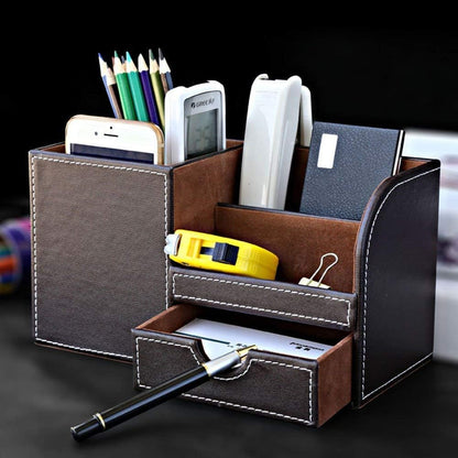 KINGFOM Desk Organizer Office Supplies Caddy Pu Leather Multi-function Storage Box Pen/Pencil,Cell phone, Business Name Cards Remote Control Holder with Small Drawer Black