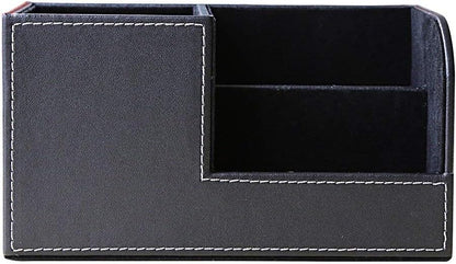 KINGFOM Desk Organizer Office Supplies Caddy Pu Leather Multi-function Storage Box Pen/Pencil,Cell phone, Business Name Cards Remote Control Holder with Small Drawer Black