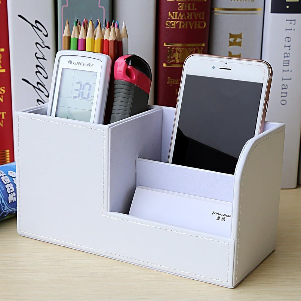 KINGFOM Desk Organizer Office Supplies Caddy Pu Leather Multi-function Storage Box Pen/Pencil,Cell phone, Business Name Cards Remote Control Holder with Small Drawer Black