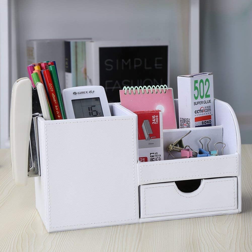 KINGFOM Desk Organizer Office Supplies Caddy Pu Leather Multi-function Storage Box Pen/Pencil,Cell phone, Business Name Cards Remote Control Holder with Small Drawer Black