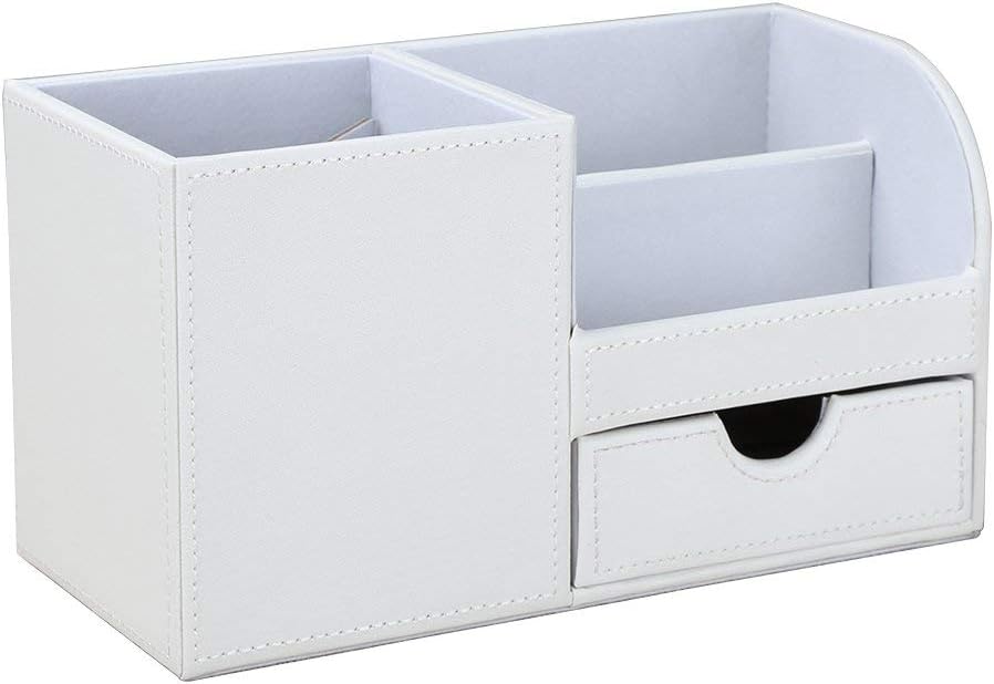 KINGFOM Desk Organizer Office Supplies Caddy Pu Leather Multi-function Storage Box Pen/Pencil,Cell phone, Business Name Cards Remote Control Holder with Small Drawer Black