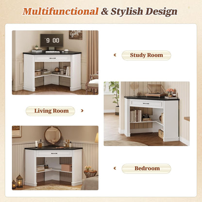 Farmhouse Corner Desk for Small Space, White Small Computer Desk