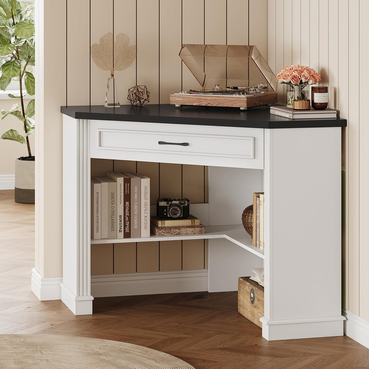 Farmhouse Corner Desk for Small Space, White Small Computer Desk