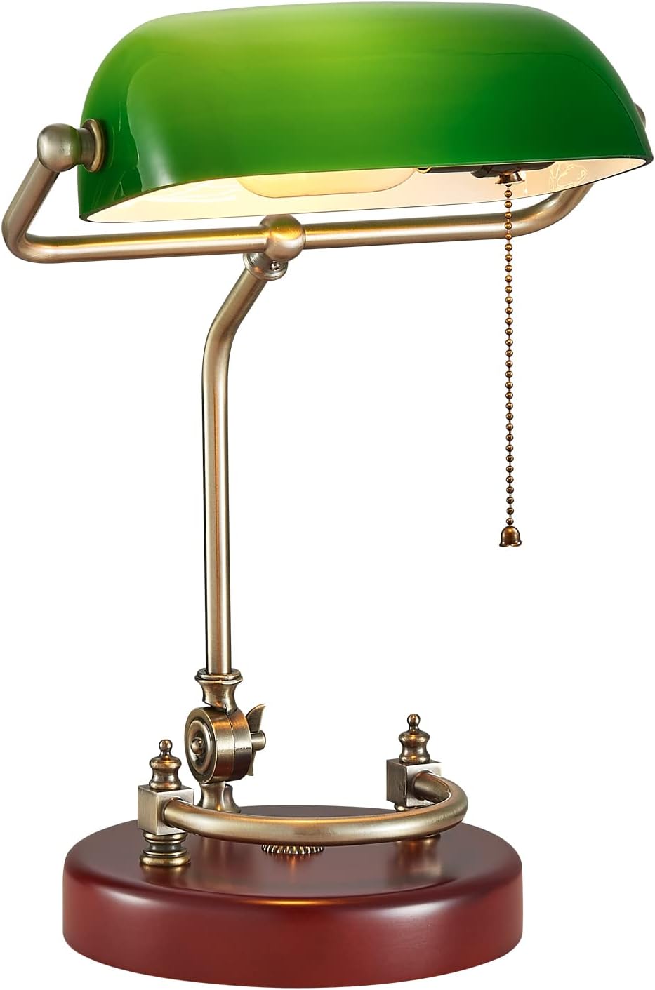 Bankers Lamp Traditional Green Glass Desk Lamp Solid Wood Pull Chain Switch