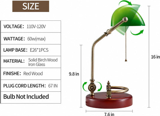 Bankers Lamp Traditional Green Glass Desk Lamp Solid Wood Pull Chain Switch