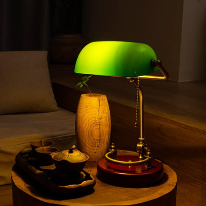 Bankers Lamp Traditional Green Glass Desk Lamp Solid Wood Pull Chain Switch