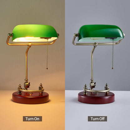 Bankers Lamp Traditional Green Glass Desk Lamp Solid Wood Pull Chain Switch