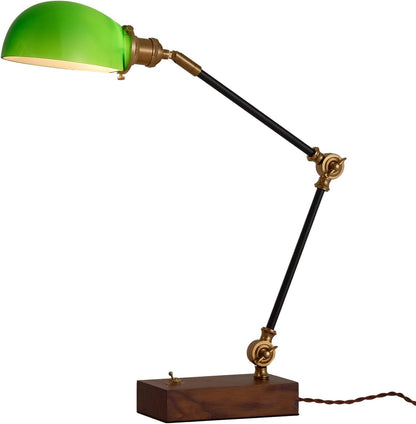 Bankers Lamp Traditional Green Glass Desk Lamp Solid Wood Pull Chain Switch