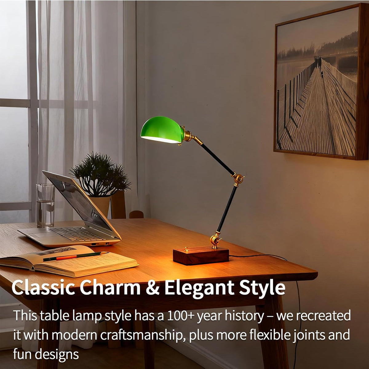 Bankers Lamp Traditional Green Glass Desk Lamp Solid Wood Pull Chain Switch