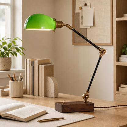 Bankers Lamp Traditional Green Glass Desk Lamp Solid Wood Pull Chain Switch