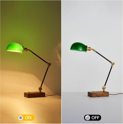 Bankers Lamp Traditional Green Glass Desk Lamp Solid Wood Pull Chain Switch
