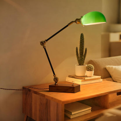 Bankers Lamp Traditional Green Glass Desk Lamp Solid Wood Pull Chain Switch
