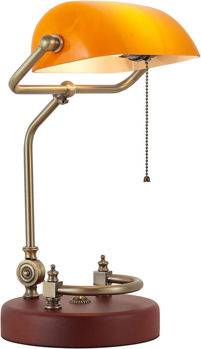 Bankers Lamp Traditional Green Glass Desk Lamp Solid Wood Pull Chain Switch