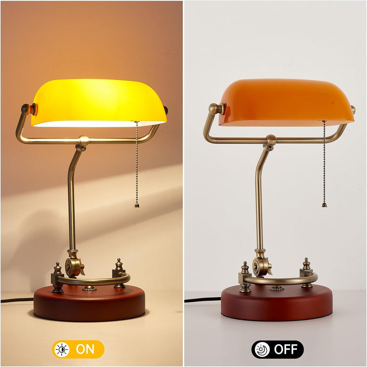 Bankers Lamp Traditional Green Glass Desk Lamp Solid Wood Pull Chain Switch