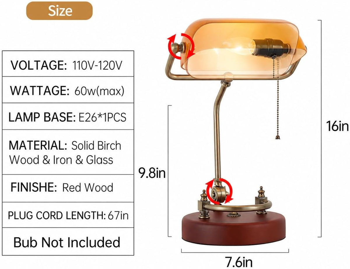 Bankers Lamp Traditional Green Glass Desk Lamp Solid Wood Pull Chain Switch